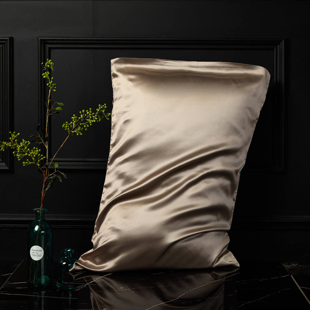 Taupe silk pillowcase displayed upright against a dark background